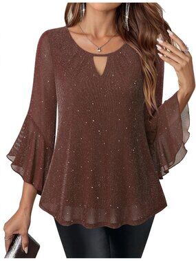 Women's Shirt Sparkly Brown Ruffle 3/4 Sleeve Blouses Glitter Cocktail Party Top